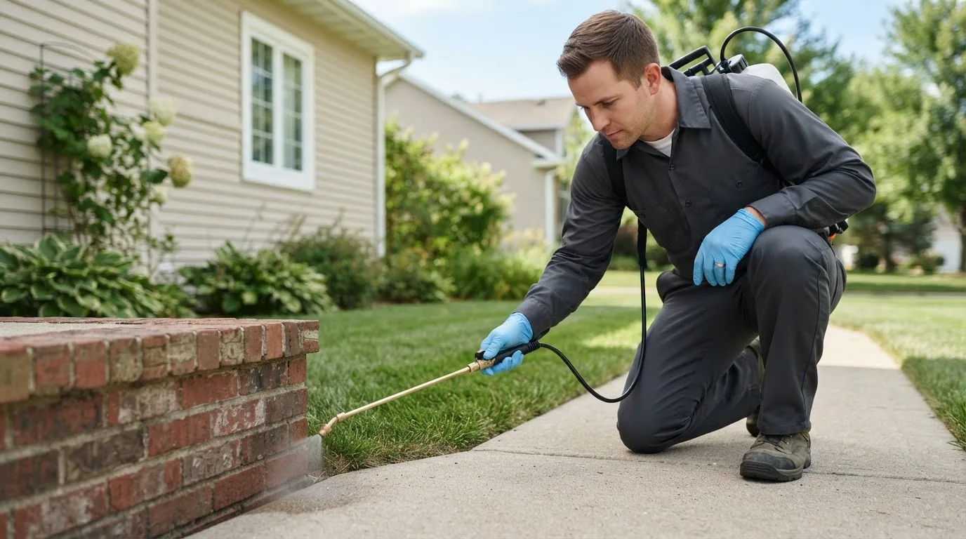 Pest control technician treating a home near Bedford, TX
